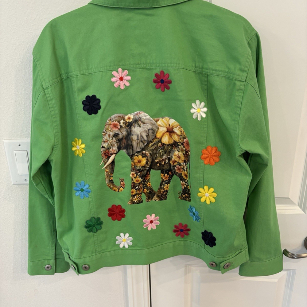 Upcycled Reworked Jacket Green Quilted Applique OOAK Elephant Flowers Large